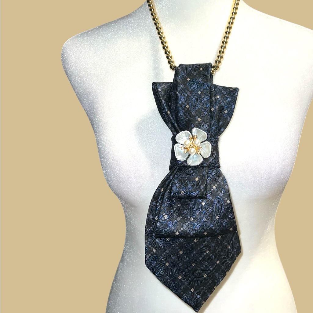 Black Brocade Statement Necktie Necklace With Floral Accent